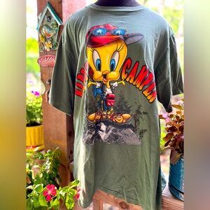 Vintage Happy Camper Tweety Bird Green Graphic Cotton Tee Made in USA